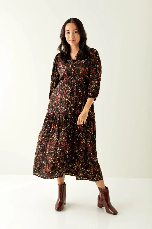 ladies-floral-dress-flared-fawn-'Sunila' Muted Satin Quarter Sleeve Floral Print Dress in Black