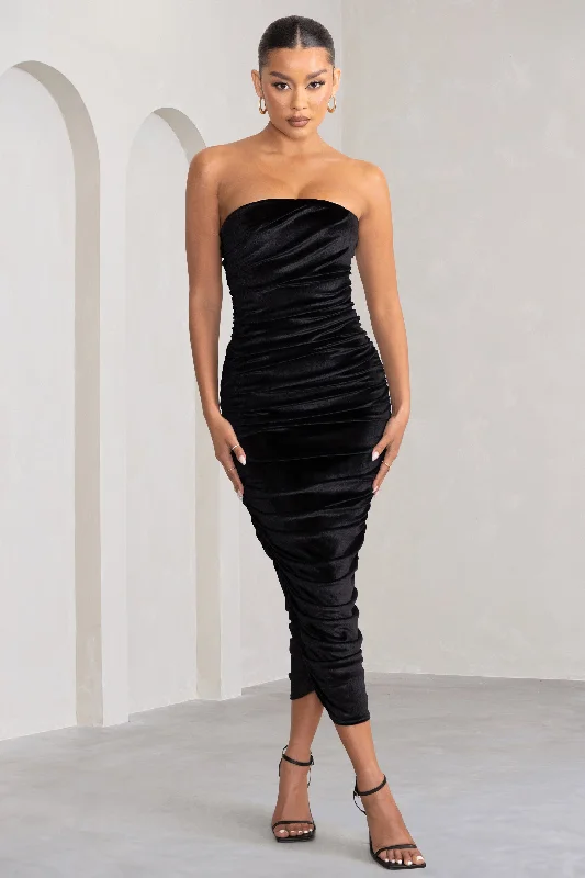 Women's bodycon dress arc flair -My Lady | Black Velvet Strapless Bodycon Ruched Maxi Dress