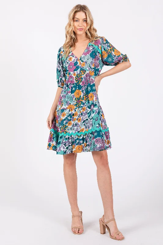 ladies-floral-dress-royal-ripple-Jade Floral V Neck Half Sleeve Dress