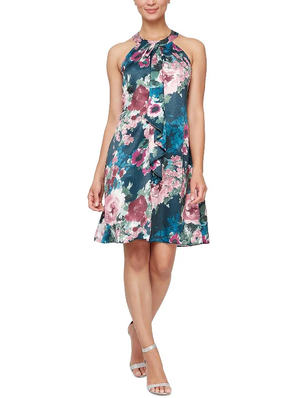 ladies-floral-dress-statement-sunset-Womens Floral Knee Halter Dress