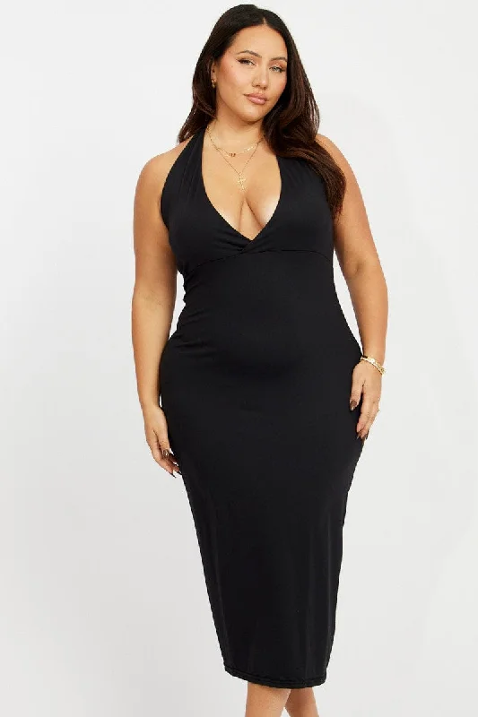 Women's bodycon dress mid flair -Black Halterneck Supersoft Bodycon Maxidress