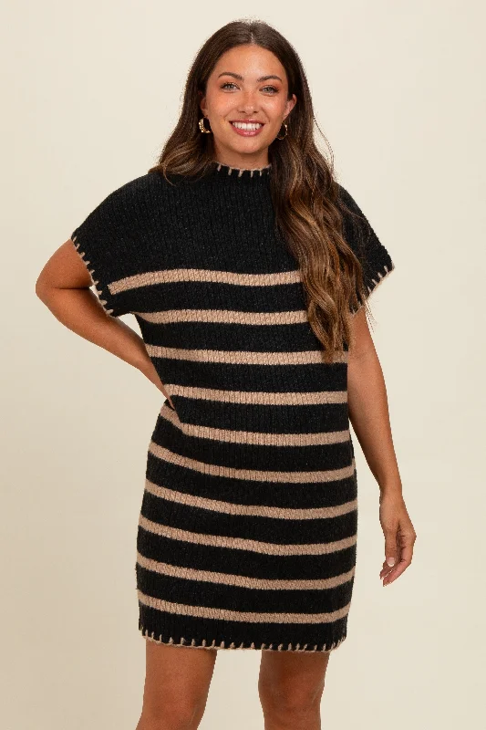 Women's mini dress mute chic -Black Striped Knit Contrast Stitch Maternity Mini Dress