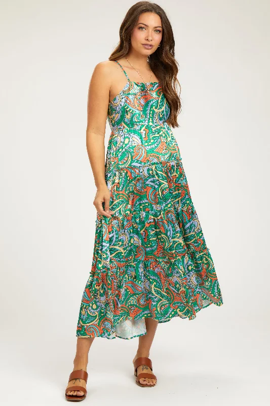 ladies-midi-dress-opal-orchid-Green Satin Square Neck Ruffle Tiered Maternity Midi Dress