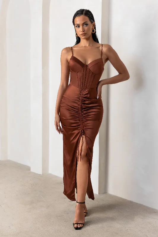 ladies-maxi-dress-tie-dye-twist-In Between | Rust Satin Sweetheart Neckline Corset Front Split Maxi Dress