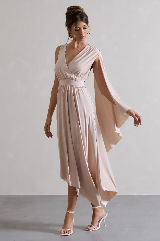 ladies-maxi-dress-shopping-silk-Fable | Champagne Plunge-Neck Maxi Dress With Cape Sleeve