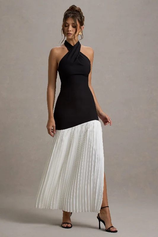 ladies-maxi-dress-long-sleeve-lush-Khai | Black & White Halter-Neck Maxi Dress With Plisse Skirt