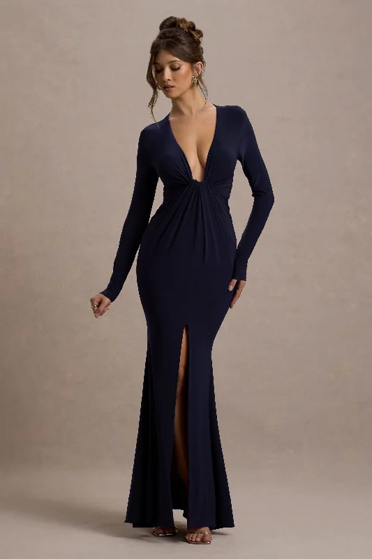 ladies-maxi-dress-loose-luster-Aluna | Navy Plunge-Neck Twisted Split Maxi Dress