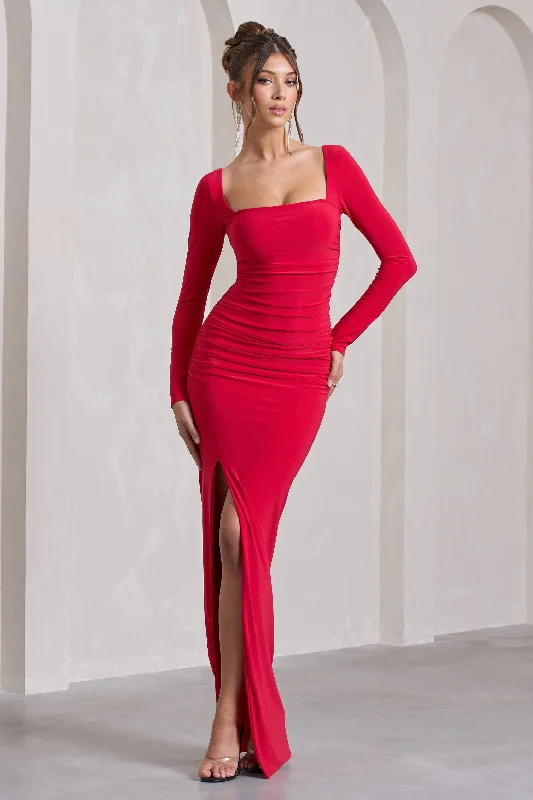 ladies-maxi-dress-sequin-sparkle-My Pleasure | Red Square Neck Ruched Maxi Dress