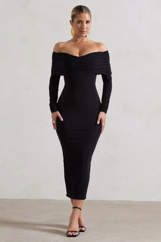 Women's bodycon dress lush chic -Marcella | Black Bodycon Bardot Midi Dress