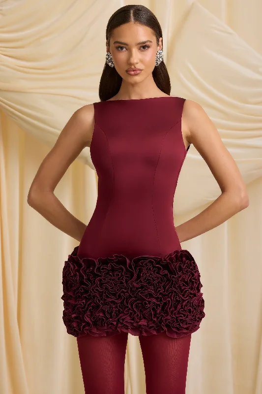 Women's mini dress brim pop -Appliqué Open-Back Mini Dress in Wine Red