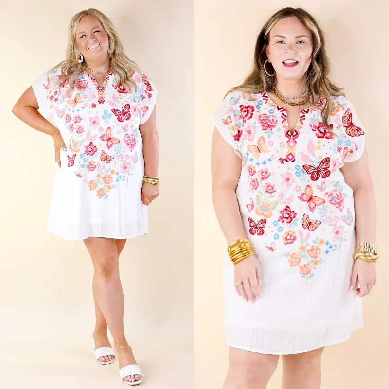 ladies-floral-dress-preppy-petal-Lovely Feeling Floral Embroidered Dress with a Notched Neckline in White