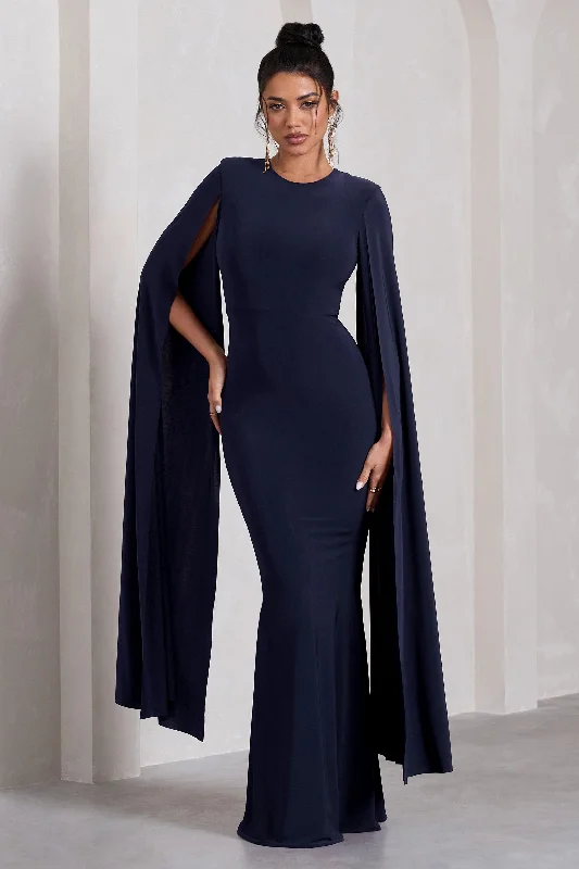 ladies-maxi-dress-winter-warm-Kimmy | Navy High Neck Maxi Dress With Cape Sleeves