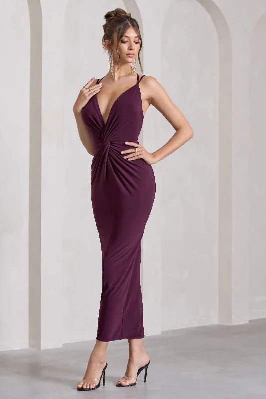 ladies-maxi-dress-ecru-essence-Yvette | Plum Plunge-Neck Twisted Maxi Dress With Cross-Back