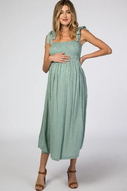 ladies-midi-dress-celeb-chic-Mint Green Smocked Tie Strap Maternity Midi Dress