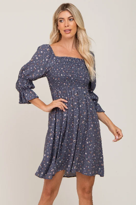 ladies-floral-dress-wrap-wildflower-Navy Floral Ruffle Sleeve Smocked Dress