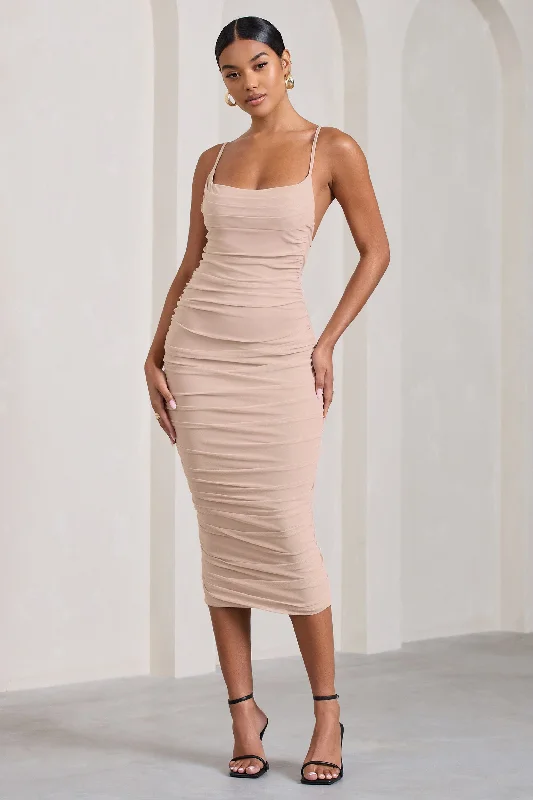 Women's bodycon dress amber pop -Bree | Nude Ruched Mesh Strappy Bodycon Midi Dress