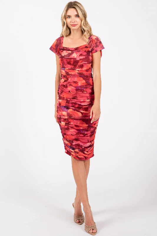 ladies-floral-dress-wine-wisp-Red Floral Off Shoulder Ruched Fitted Dress