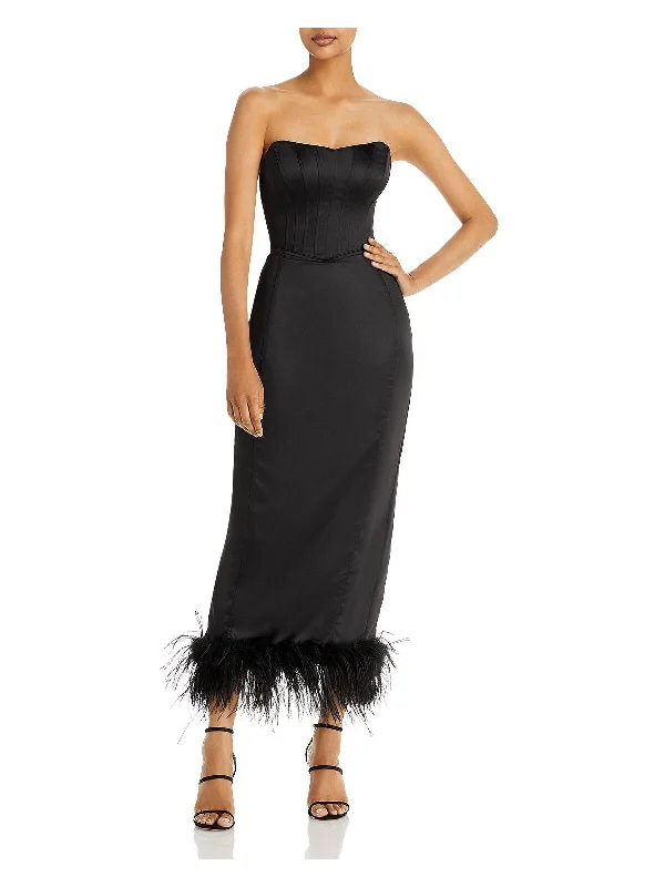 Women's party dress high fashion -Womens Faux Feather Trim Midi Cocktail and Party Dress