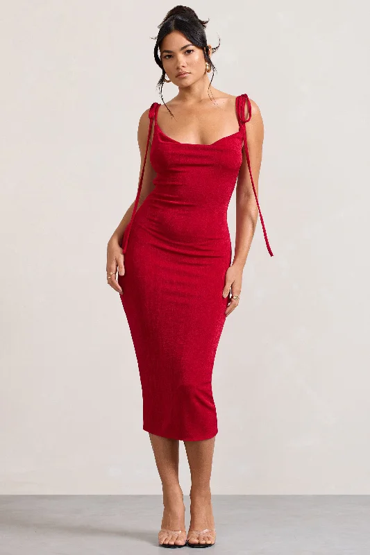 Women's bodycon dress bump flair -Irina | Red Cowl-Neck Bodycon Midi Dress