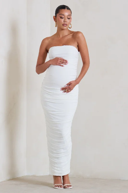 Women's bodycon dress half pop -My Lady | Maternity White Strapless Bodycon Ruched Mesh Maxi Dress