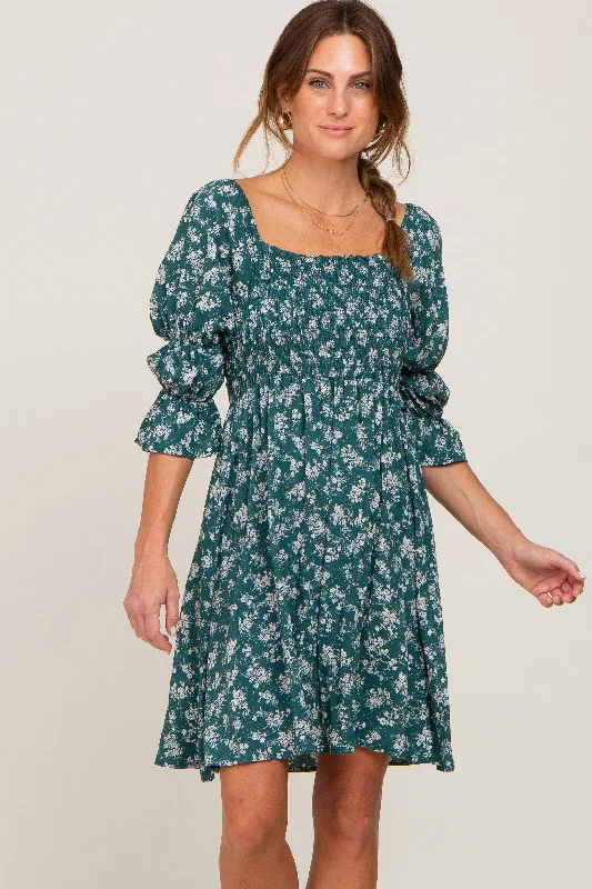 ladies-floral-dress-cobalt-calm-Forest Green Floral Ruffle Sleeve Smocked Dress