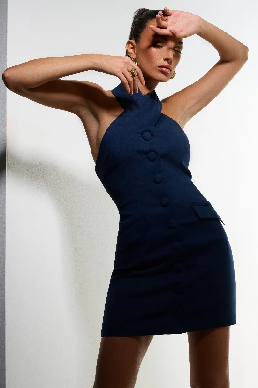 Women's bodycon dress bare glow -Dani | Navy Halter Neck Tailored Buttoned Bodycon Mini Dress