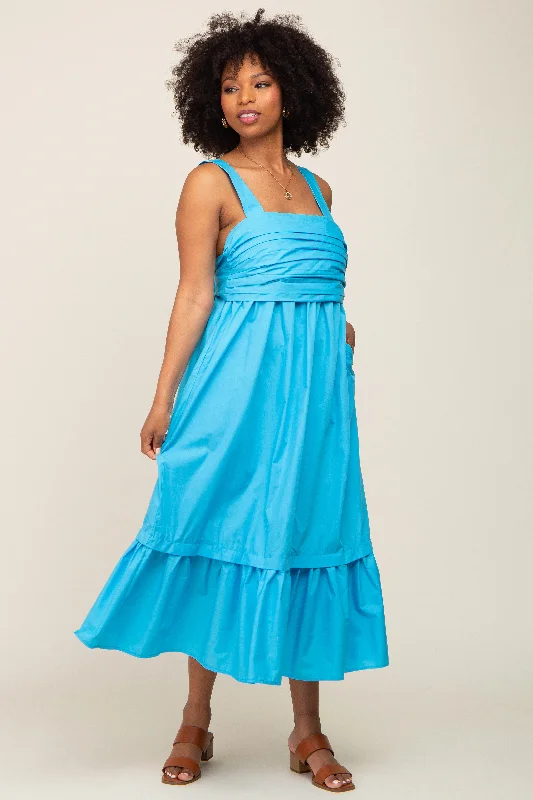 ladies-midi-dress-wedding-waltz-Aqua Pleated Back Tie Midi Dress