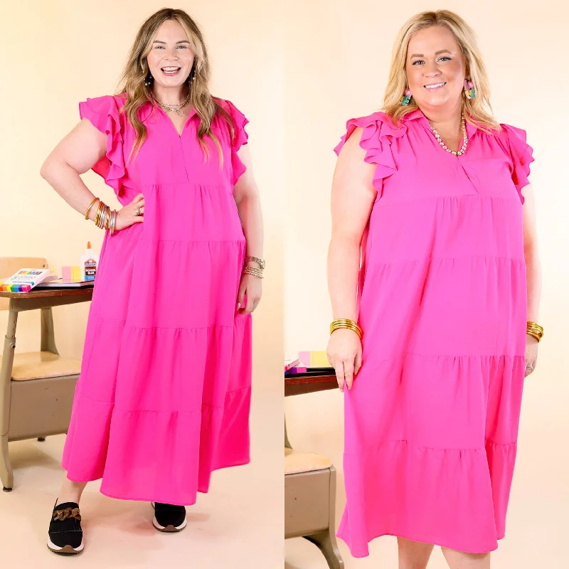 ladies-midi-dress-comfortable-charm-All Of A Sudden Tiered Midi Dress with Ruffle Cap Sleeves in Hot Pink