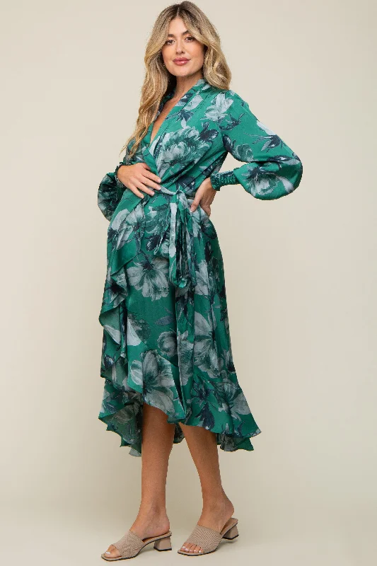 ladies-midi-dress-date-night-dream-Green Satin Asymmetrical Flounce Trim Maternity Midi Dress