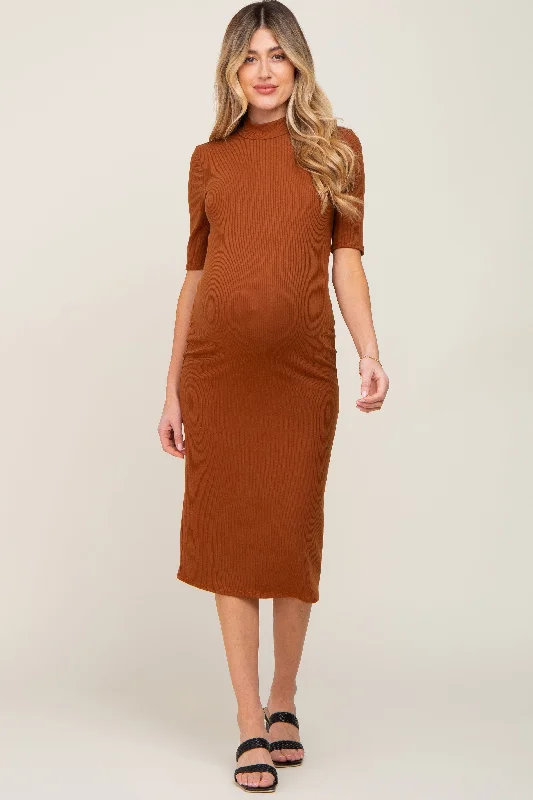 ladies-midi-dress-structured-sweep-Mocha Ribbed Mock Neck Maternity Midi Dress