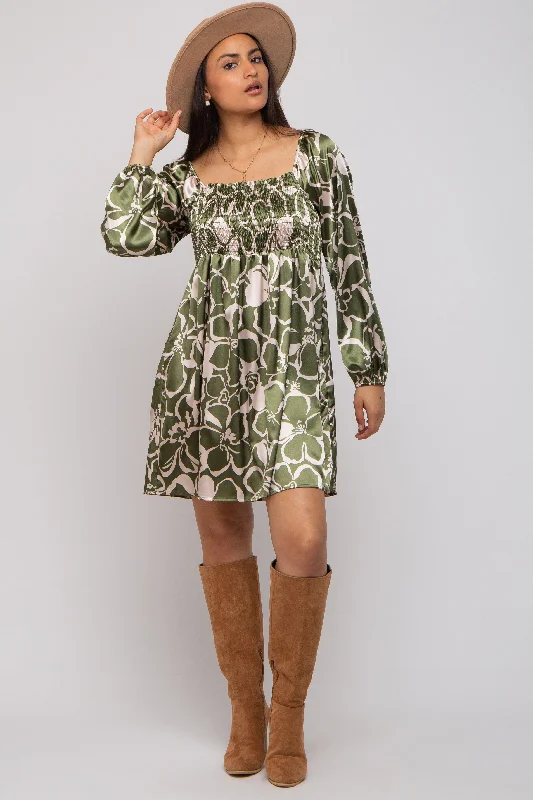 ladies-floral-dress-maxi-meadow-Olive Floral Satin Long Sleeve Dress