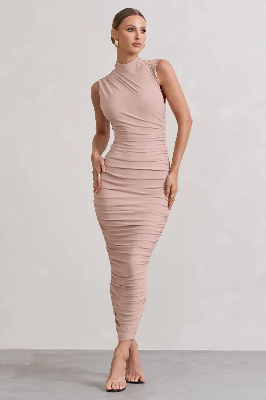 Women's bodycon dress vivid pop -Jaded | Champagne Bodycon Ruched High-Neck Open-Back Maxi Dress