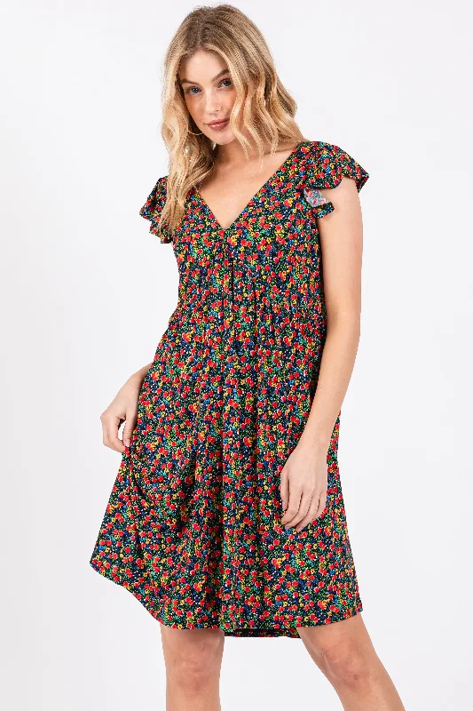 ladies-floral-dress-periwinkle-petal-Black Floral V-Neck Dress