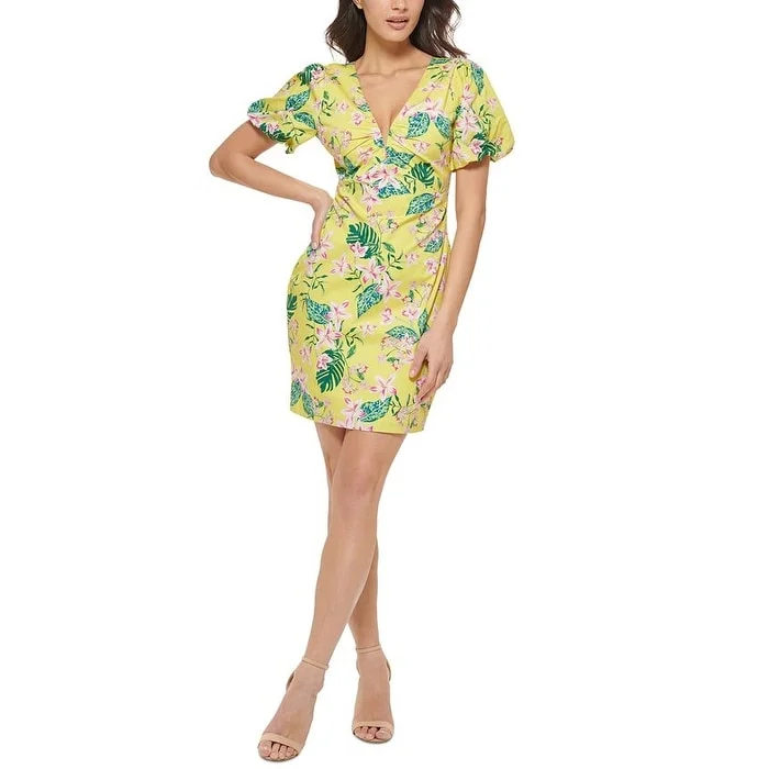 Women's bodycon dress luxe glow -GUESS Women's Printed Puff Sleeve Bodycon Dress Yellow Size 6