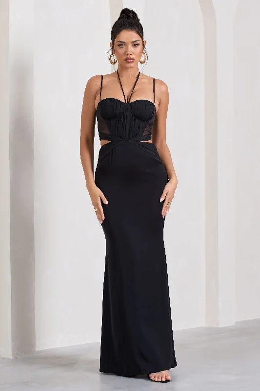 ladies-maxi-dress-cold-shoulder-chic-Stardom | Black Chiffon Strappy Sweetheart Cut-Out Maxi Dress