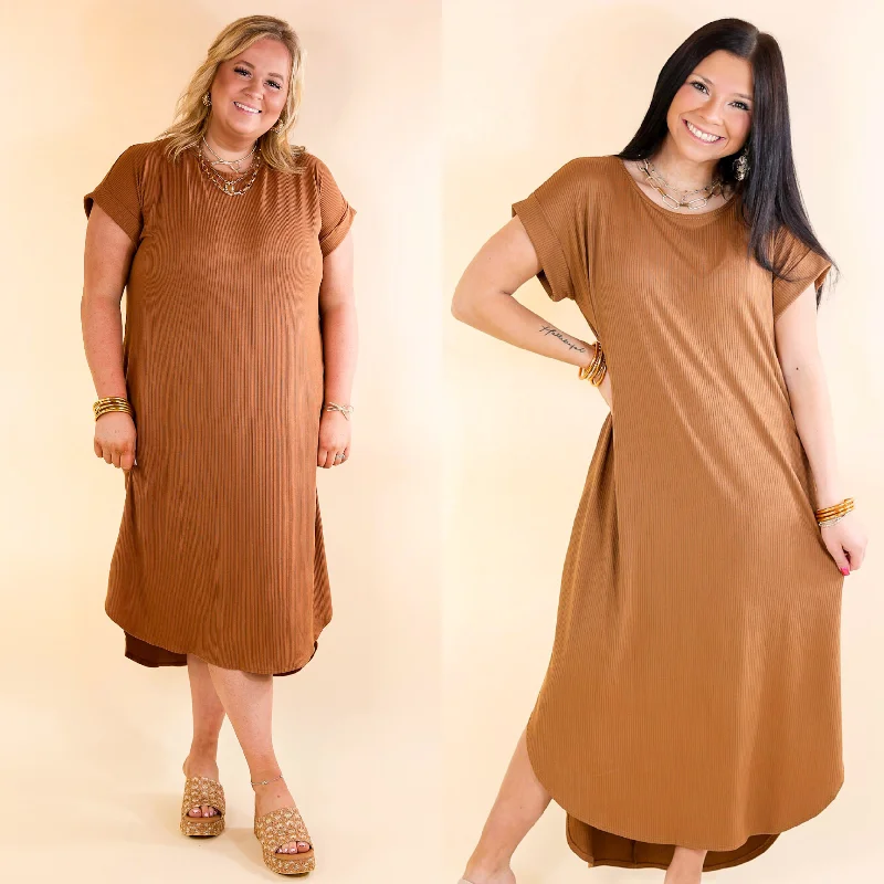 ladies-midi-dress-sepia-sweep-Last Chance Size Small & XL | Chill Looks Short Sleeve Thin Ribbed Midi Dress in Caramel Brown