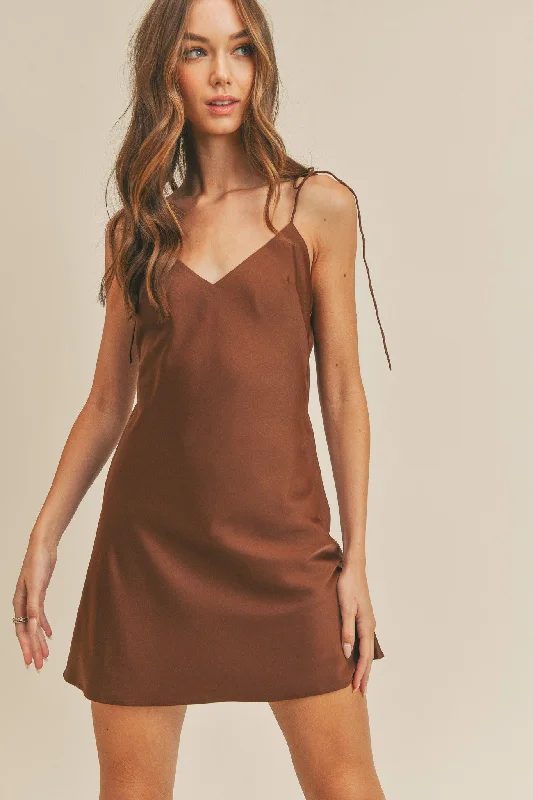 Women's mini dress glen chic -Brown Satin Cami Tie Strap Mini Dress