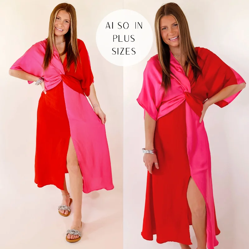 ladies-midi-dress-halter-hue-Last Chance Size Small & Medium | Take My Breath Away Front Knot Color Block Midi Dress in Red and Pink