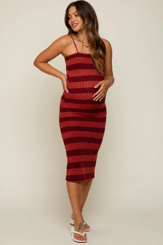 ladies-midi-dress-cold-shoulder-chic-Rust Striped Rib Knit Maternity Midi Dress