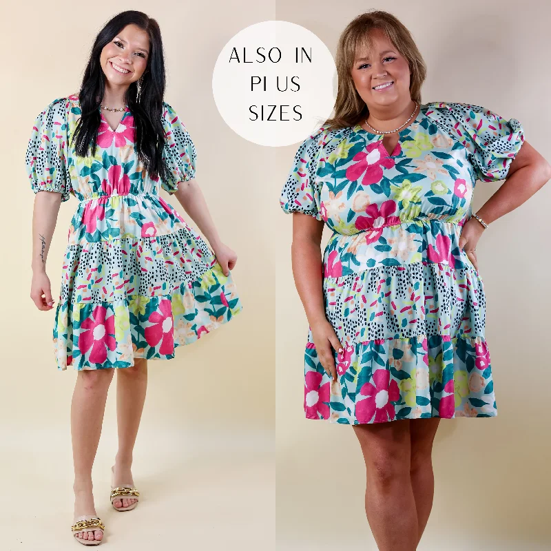 ladies-floral-dress-celeb-chic-Gramercy Garden Floral Tiered Dress with Short Balloon Sleeves in Light Mint Blue Mix