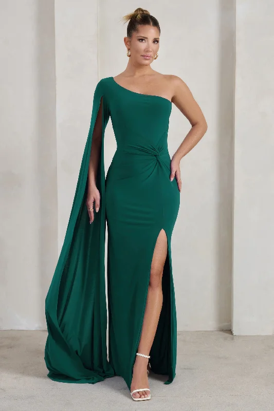 ladies-maxi-dress-tassel-twist-Romi | Bottle Green One Shoulder Twist Design Maxi Dress