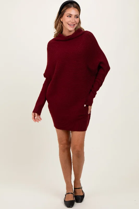 Women's mini dress wink glow -Burgundy Funnel Neck Dolman Sleeve Mini Dress