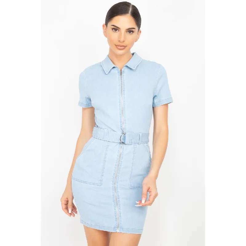 Women's bodycon dress lane flair -Light-Denim Belted Bodycon Collared Dress