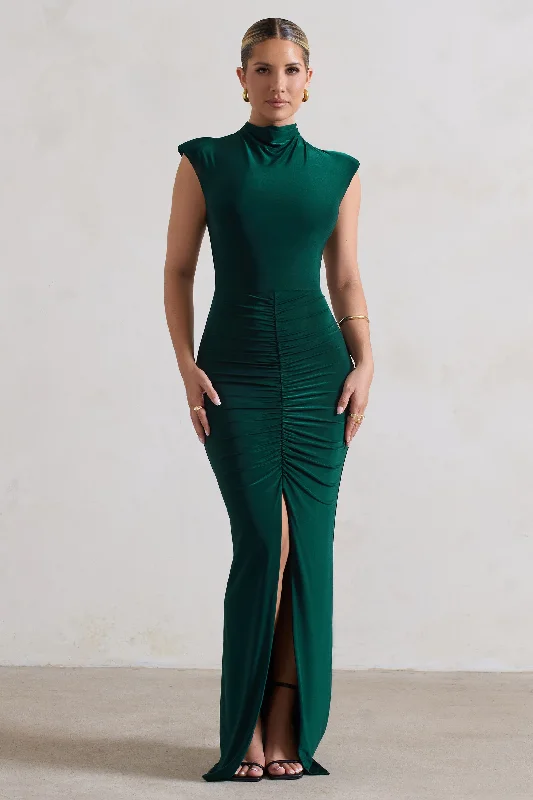 ladies-maxi-dress-luxe-lush-Samira | Bottle Green Ruched High-Neck Split Maxi Dress