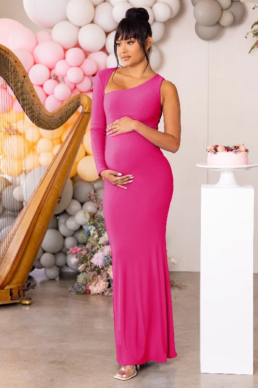 Women's bodycon dress luxe flair -Oh Baby | Hot Pink Maternity One Shoulder Bodycon Maxi Dress