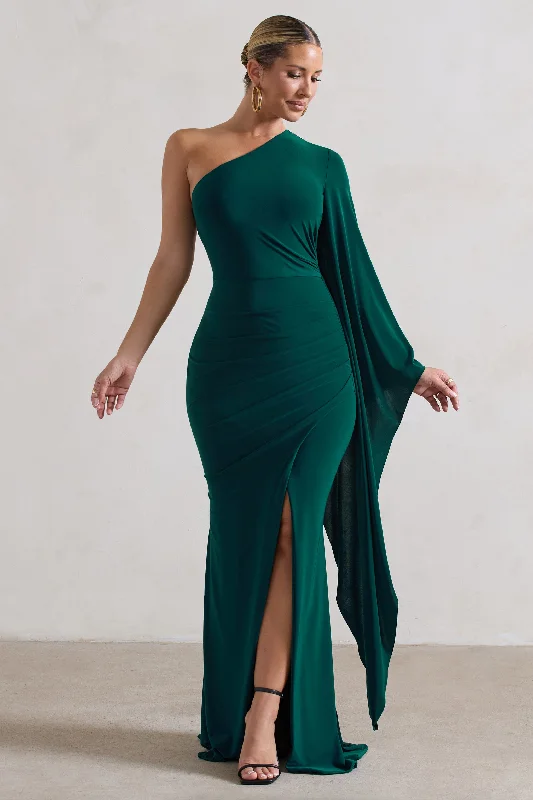 ladies-maxi-dress-pastel-prance-Giada | Bottle Green Ruched One Shoulder Cape Sleeve Maxi Dress