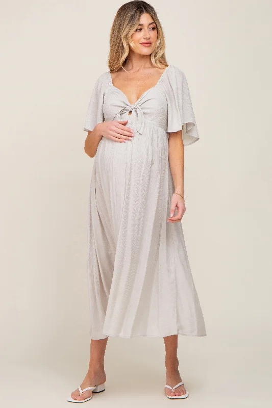 ladies-midi-dress-youthful-yield-Grey Front Tie Ruffle Sleeve Maternity Midi Dress