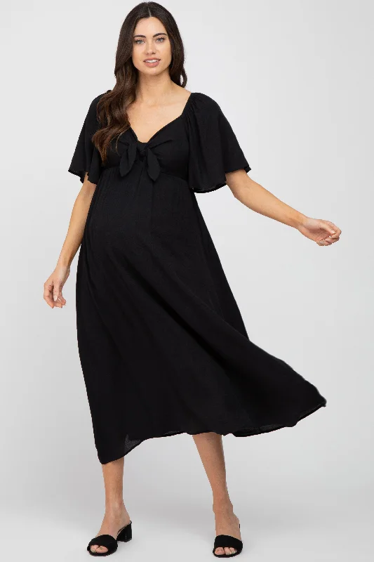 ladies-midi-dress-sapphire-sweep-Black Front Tie Ruffle Sleeve Maternity Midi Dress