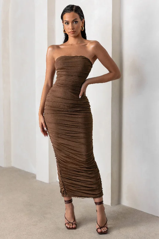 Women's bodycon dress dusk flair -My Lady | Chocolate Brown Strapless Bodycon Ruched Mesh Maxi Dress