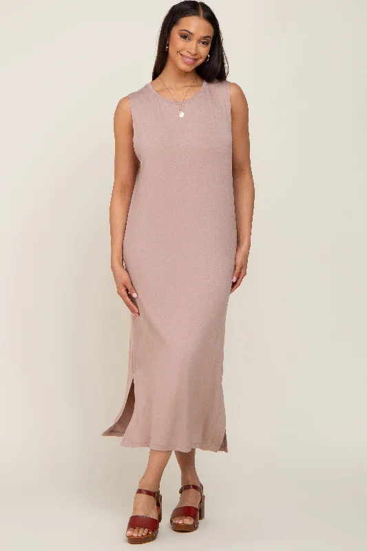 ladies-midi-dress-effortless-ease-Taupe Sleeveless Side Slit Midi Dress